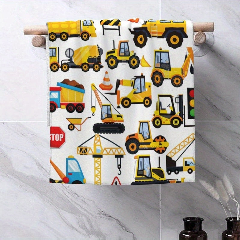 1pc 18x26 Inch Cartoon Construction Vehicle Bathroom Towel - Soft, Absorbent, Quick-Dry Polyester Towel for Shower, Pool, Beach, Gym, Yoga & Travel, Travel Towel | Construction Theme | Absorbent Fabric, Bath Towels
