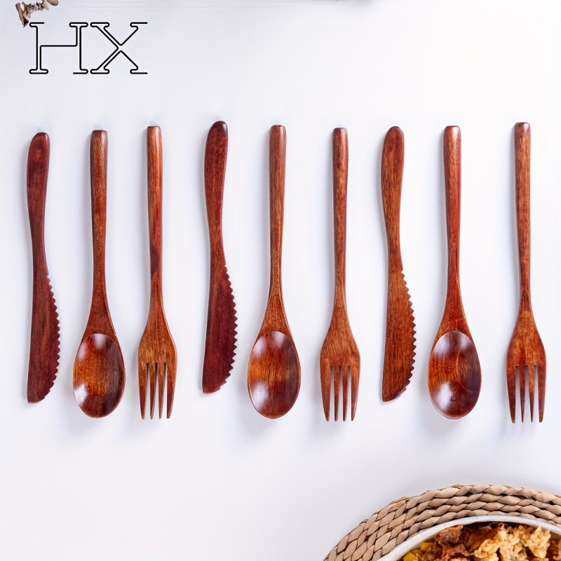 3\u002F9pcs High Quality Japanese Wooden Tableware Set - Handmade Natural Hardwood Spoon and Fork and Dinner Knife, Reusable Tableware, Used for Dieting, Cooking and Mixing - High Quality Kitchen Essentials Handmade Se