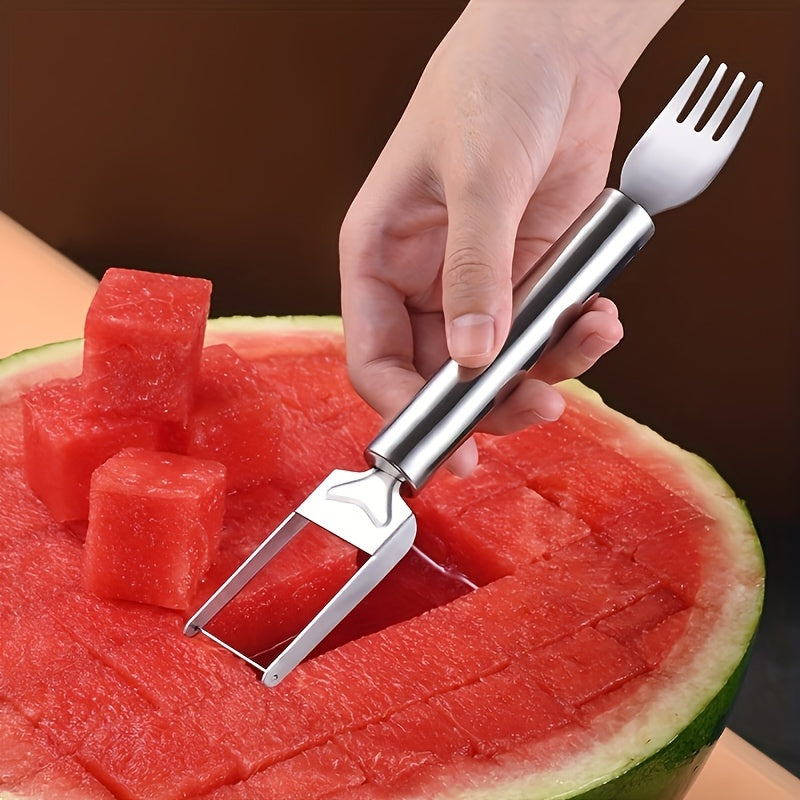 1pc two-in-one stainless steel watermelon slicer and fork | Multi-functional kitchen tool, easy to cut and serve | Durable and rust-proof | Perfect for home and restaurant use, fruit service tool | Dual-function design | Durable kitchenware