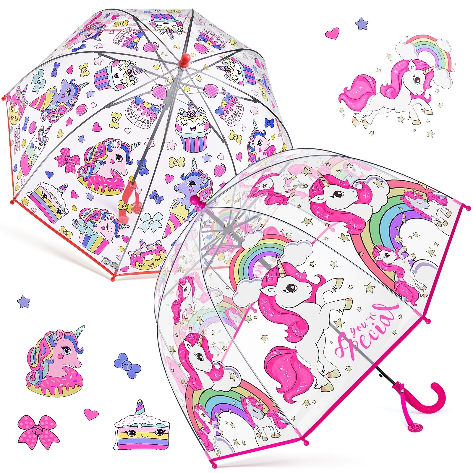 2pcs Parapluies à Bulles Licorne, Ouverture Automatique, 8 Barres, Manche en Fibre de Carbone & PE, Auvent en PVC Hydrofuge, Manche Courbé Facile à Tenir pour Garçons et Filles
