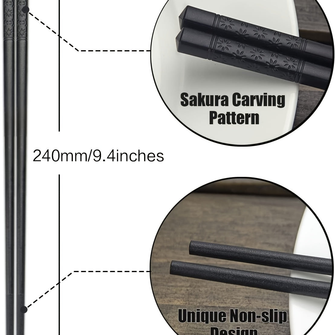 5 Pairs Cherry Blossom Pattern Fiberglass Chopsticks, 9.5 Inches, Polished Finish, Reusable & Dishwasher-Safe, Polyethylene Terephthalate Material