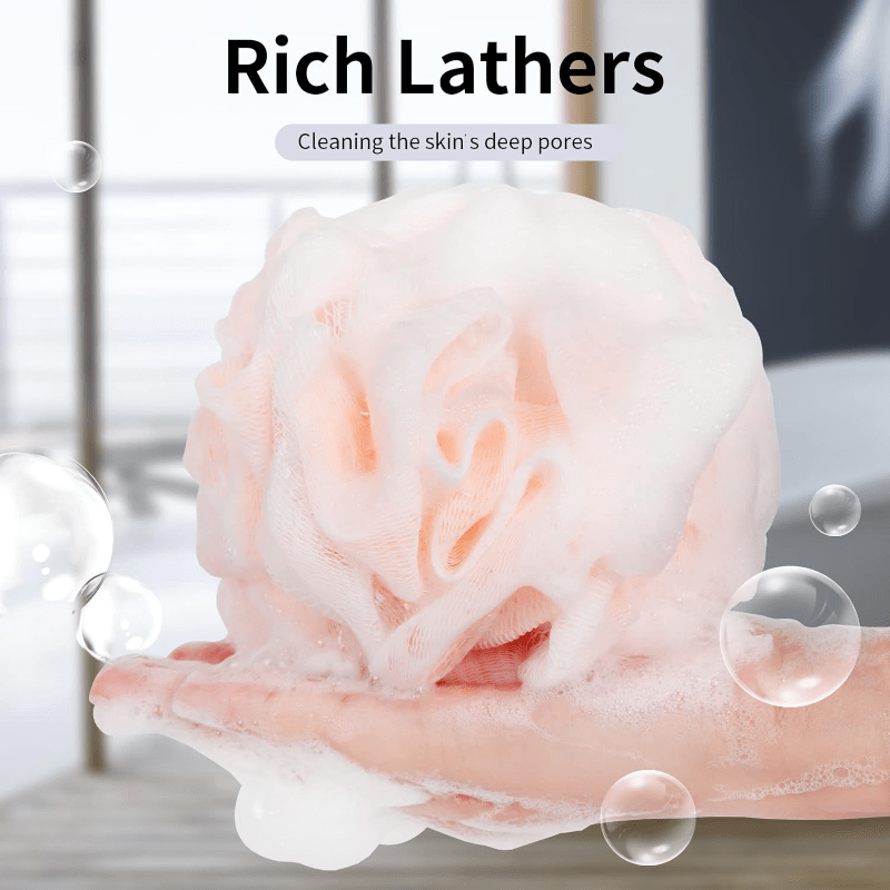 Ensemble de 4 éponges exfoliantes pour le spa à domicile, idéales pour la douche, avec boule de bain en filet, brosse pouf, et éponge de gommage pour le visage et le corps, pour une mousse abondante et onctueuse.
