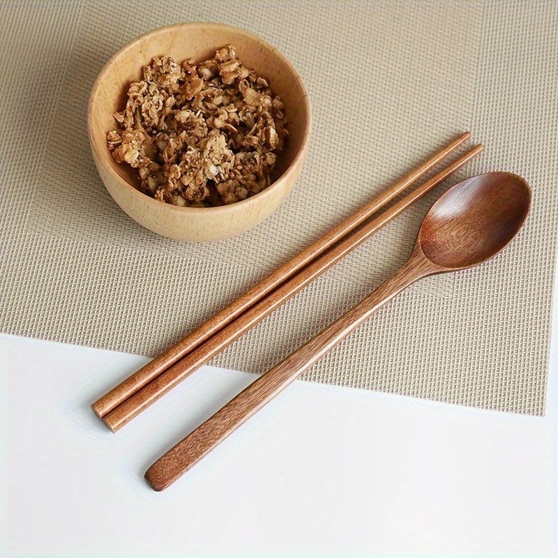 2pcs Set Japanese Wooden Spoon & Chopsticks - Long Handle, Portable Tableware for Couples and Students