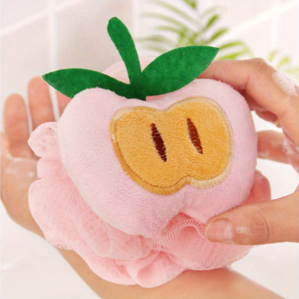 4pièces Éponges de bain de dessin animé sur le thème des fruits pour les jeunes - Billes de douche douces et non dispersées avec des designs mignons de fraises, d'ananas, d'orange et de melon, parfaites pour les garçons et les filles