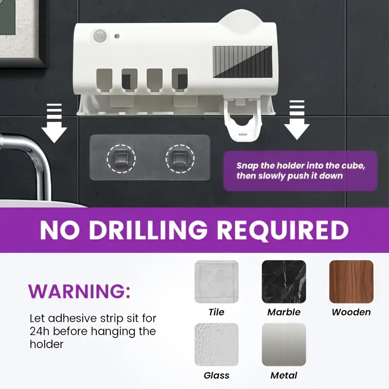 1pc Brosse à dents, distributeur de dentifrice intelligent mural à 4 fentes, support mural pour brosse à dents, accessoires de salle de bain, porte-brosse à dents, support de brosse à dents sans perçage avec kit distributeur de dentifrice à presser