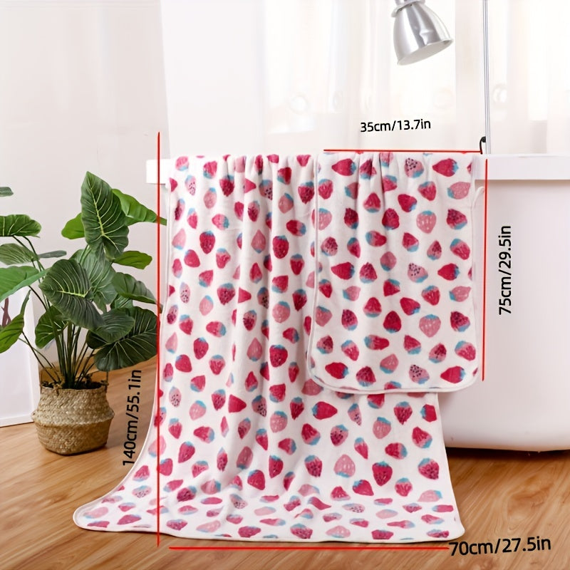 1 Set Little Strawberry Cartoon Bath Towel Set, Super Absorbent Fast Drying, 300 GSM, 89% Polyester 11% Nylon Knitted Fabric, Handtowel