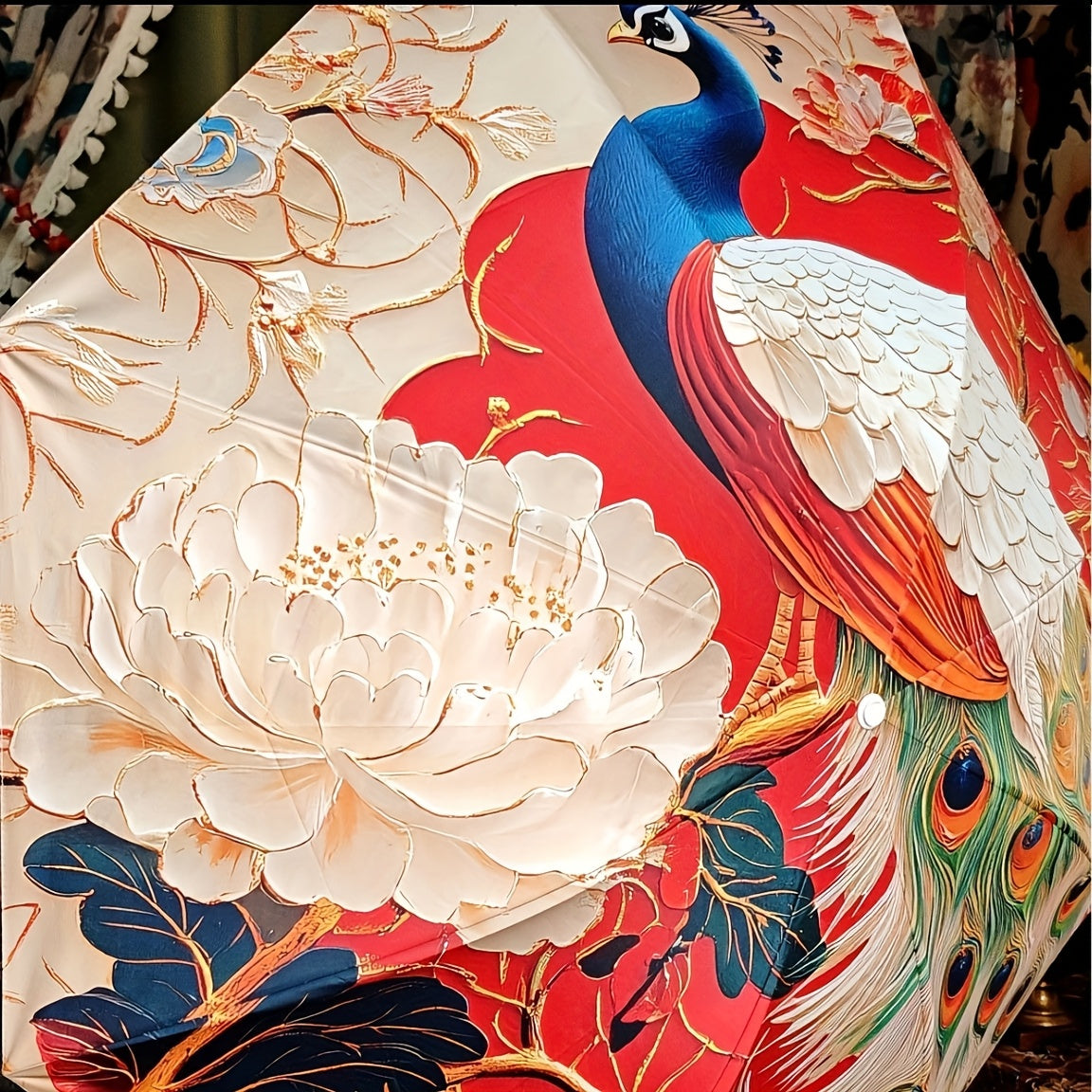 Parapluie pliant motif paon coloré avec protection UV - Compact, léger et résistant pour soleil ou pluie - Design floral rouge, blanc, bleu, vert, jaune et orange - Ouverture manuelle, 8 baleines en acier