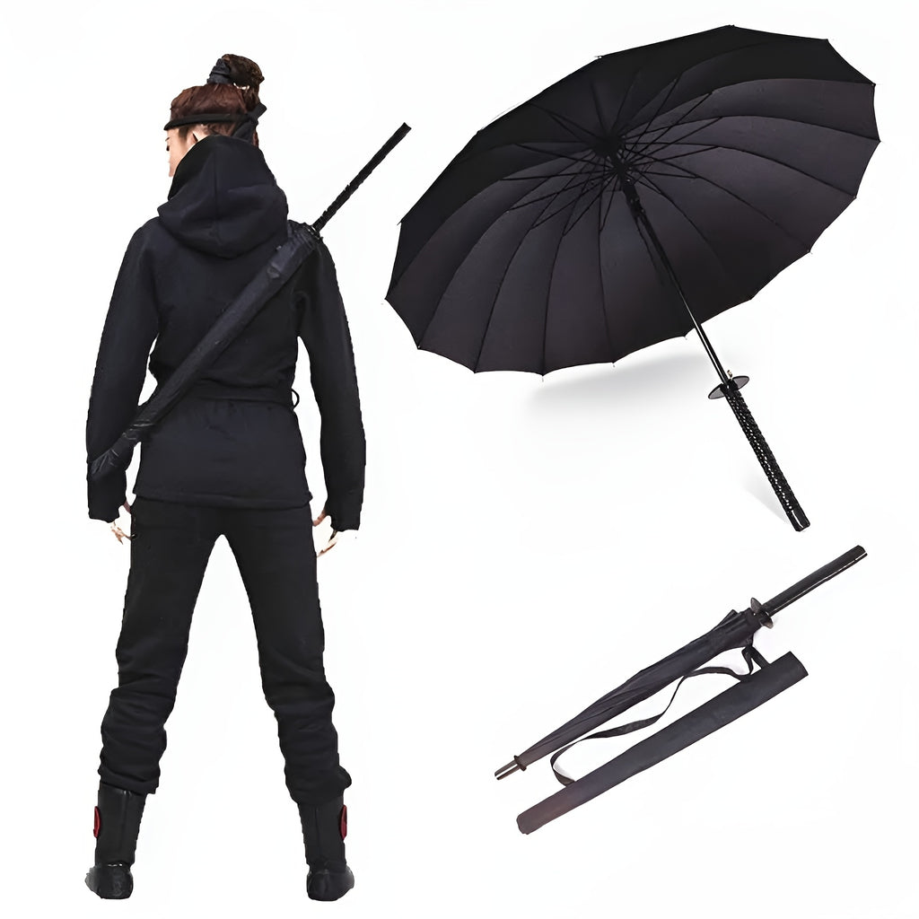 Parapluie à Manche Épée de Samouraï Créatif - Parapluie Pliant Coupe-Vent à 16 Nervures, Ouverture\u002FFermeture Semi-Automatique, Dôme Durable en 190T & Cadre en Fibre de Verre, Portable pour Voyage & Cadeau d'Anniversaire, Noir Élégant, Design Compact