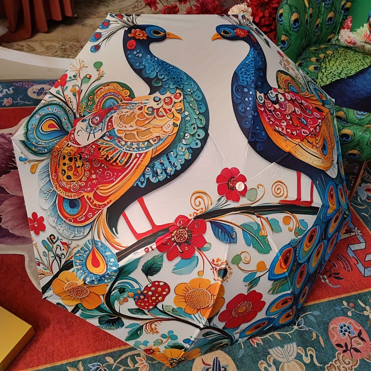 Parapluie pliant motif paon coloré avec protection UV - Compact, léger et résistant pour soleil ou pluie - Design floral rouge, blanc, bleu, vert, jaune et orange - Ouverture manuelle, 8 baleines en acier