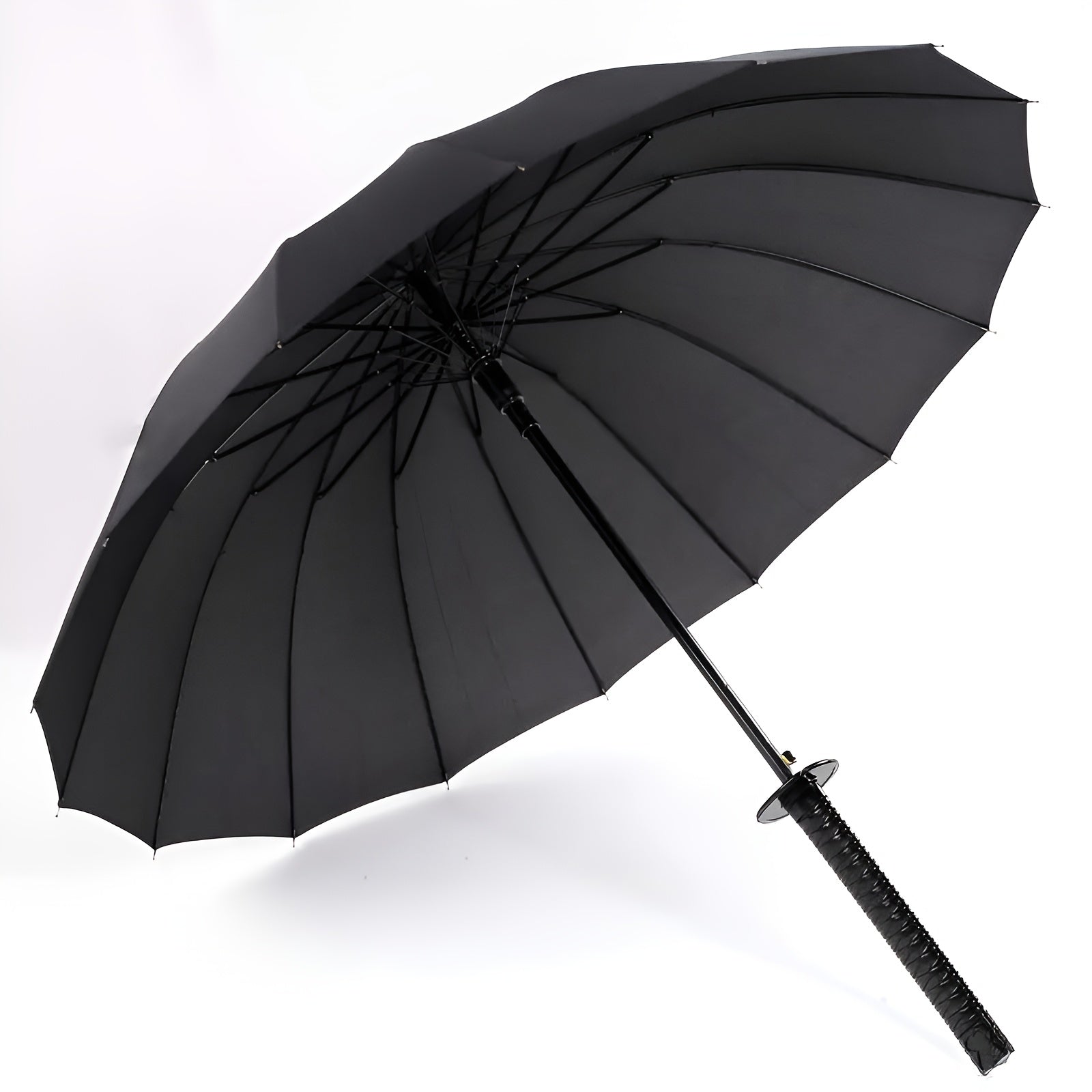 Parapluie à Manche Épée de Samouraï Créatif - Parapluie Pliant Coupe-Vent à 16 Nervures, Ouverture\u002FFermeture Semi-Automatique, Dôme Durable en 190T & Cadre en Fibre de Verre, Portable pour Voyage & Cadeau d'Anniversaire, Noir Élégant, Design Compact