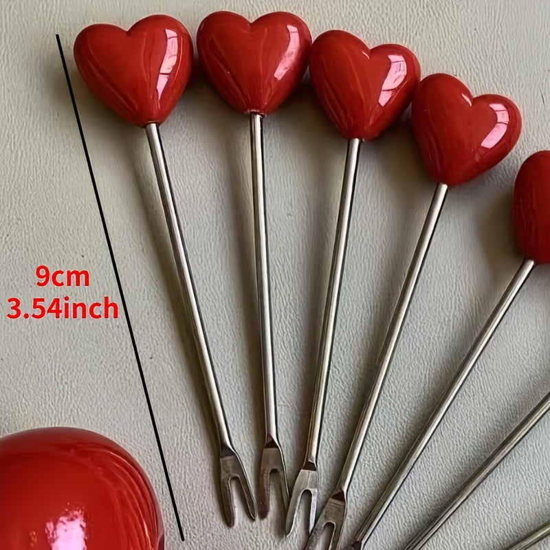 4\u002F8pcs Heart-Shaped Fruit Forks, Stainless Steel, Durable Plastic Material, Perfect for Valentine'S Day, Wedding, Dessert, Christmas and Halloween Gift