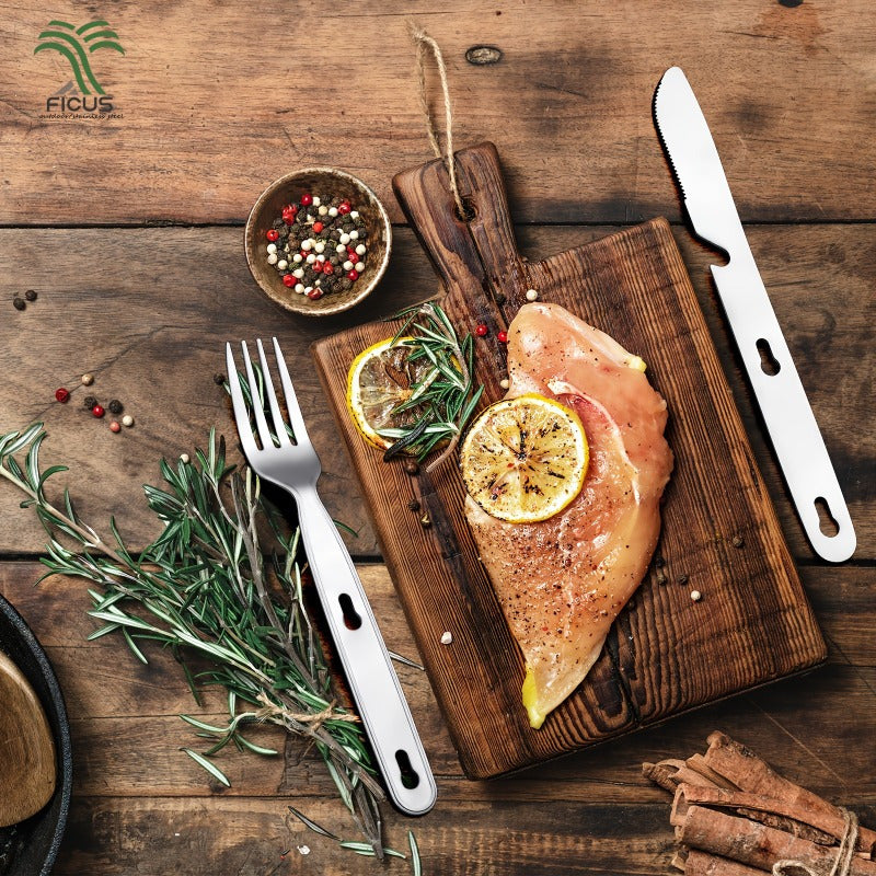 A Collection of Stainless Steel Utensils for Outdoor Use, Including a Knife, Fork, And Spoon - Convenient for Storage And Folding, Ideal for Camping Dining.