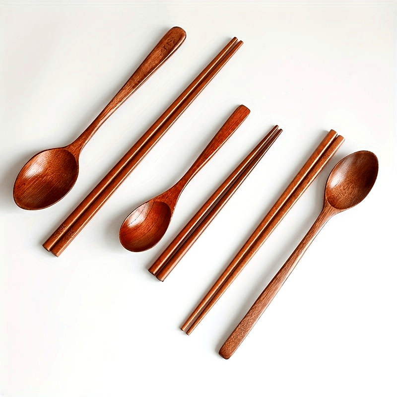 2pcs Set Japanese Wooden Spoon & Chopsticks - Long Handle, Portable Tableware for Couples and Students