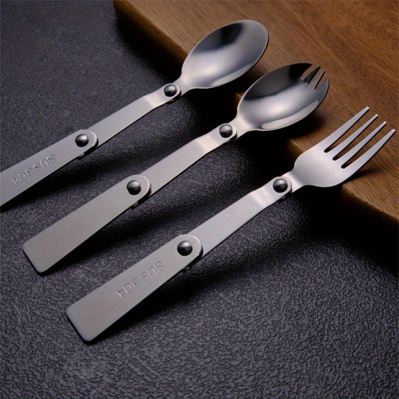 1 Set Stainless Steel Foldable Flatware - Polished Finish, Portable Camping Cutlery, Compact Travel Fork and Spoon Set for Outdoor, Picnic, Fishing, Boating, Backpacking