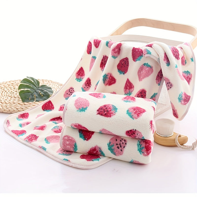 1 Set Little Strawberry Cartoon Bath Towel Set, Super Absorbent Fast Drying, 300 GSM, 89% Polyester 11% Nylon Knitted Fabric, Handtowel