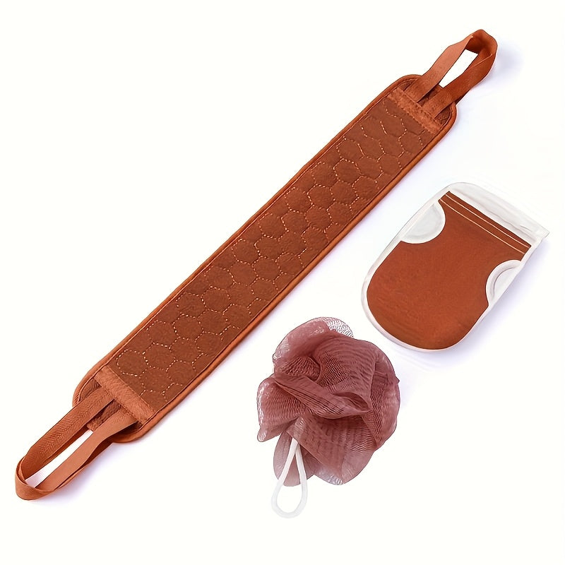 Lot de 3 pièces pour exfoliation du bain : Balle de douche, Gant de toilette, Serviette gommante et Râpe à dos - Accessoires spa et massage corporel - Idéal comme cadeau pour amis et famille