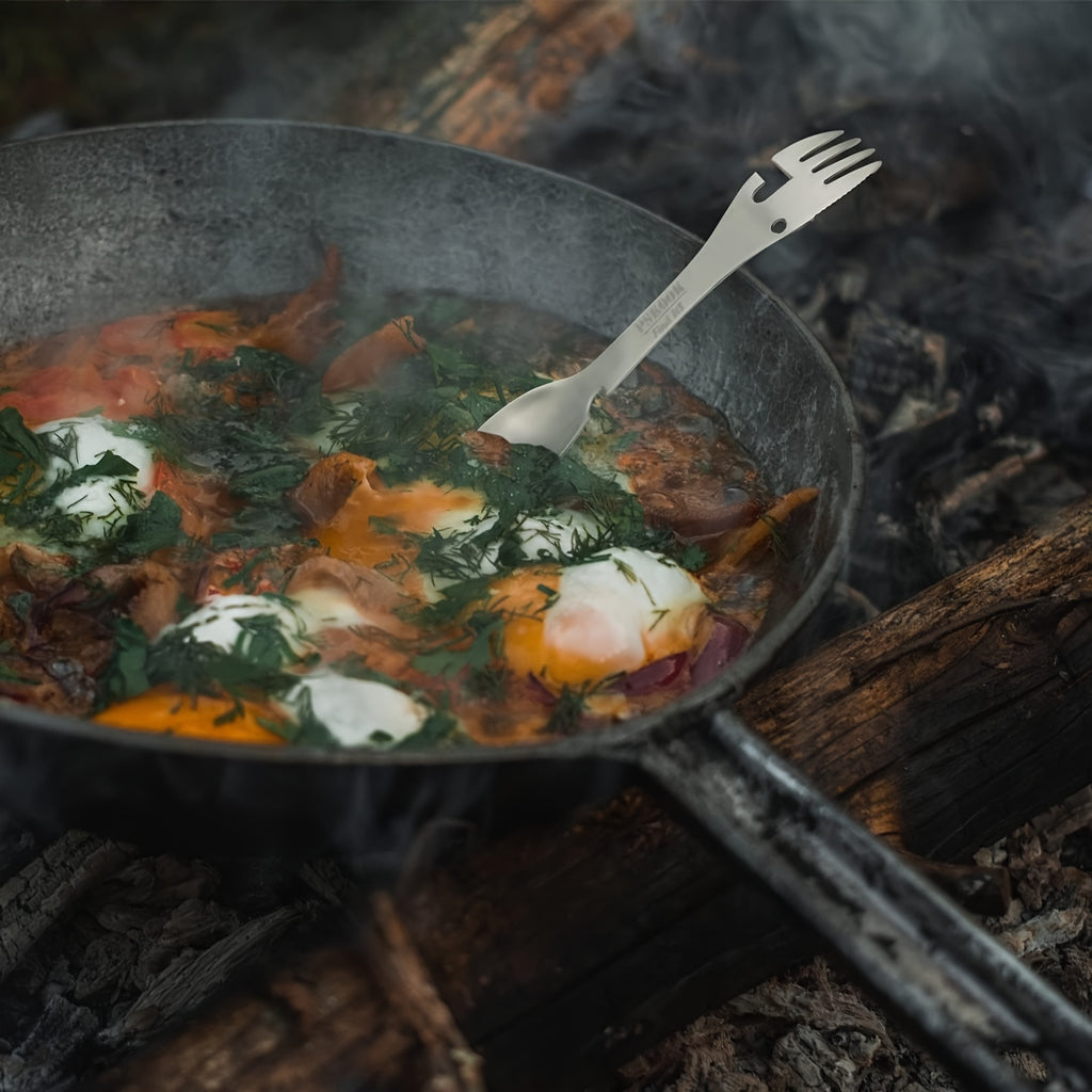 PSKOOK 2pcs Tactical Spork, 5-in-1 Stainless Steel Spoon, Fork & Knife Combo with Bottle Opener, Matte Black Finish, Outdoor Camping Utensil for Hiking & Backpacking, Camping Utensil