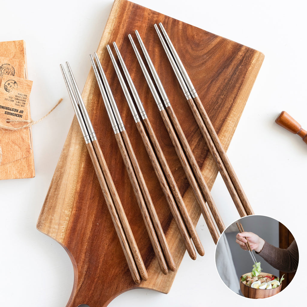 1 pair Exquisite Wooden and Stainless Steel Splicing Chopsticks - Durable and Stylish Eating Utensils