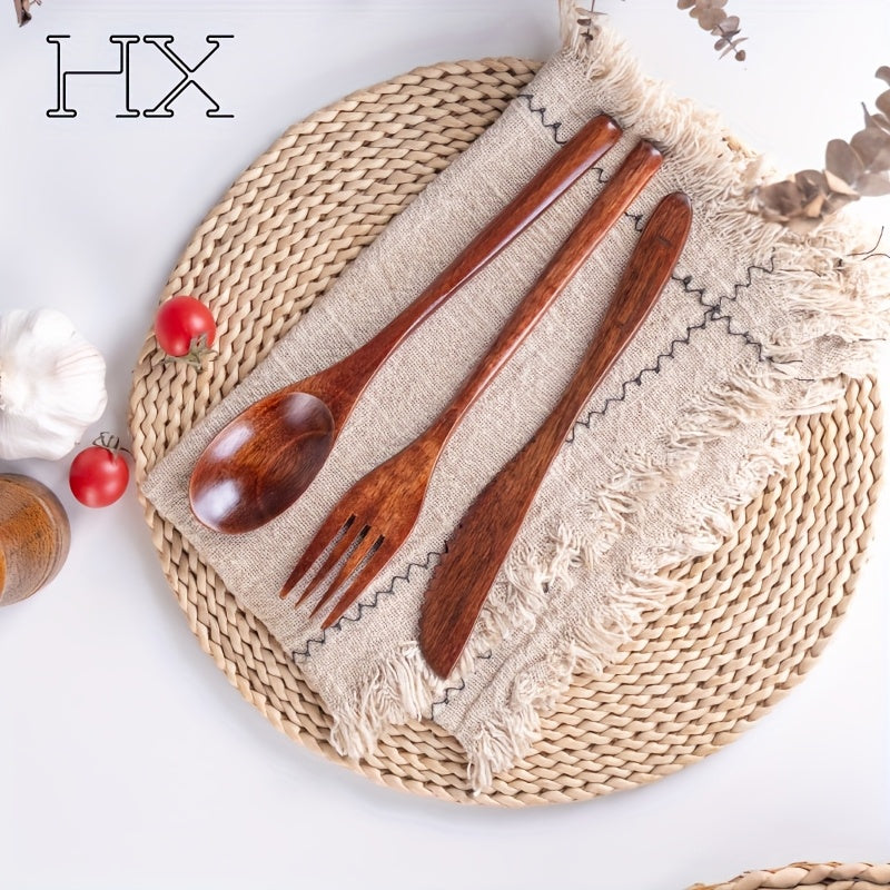 3\u002F9pcs High Quality Japanese Wooden Tableware Set - Handmade Natural Hardwood Spoon and Fork and Dinner Knife, Reusable Tableware, Used for Dieting, Cooking and Mixing - High Quality Kitchen Essentials Handmade Se