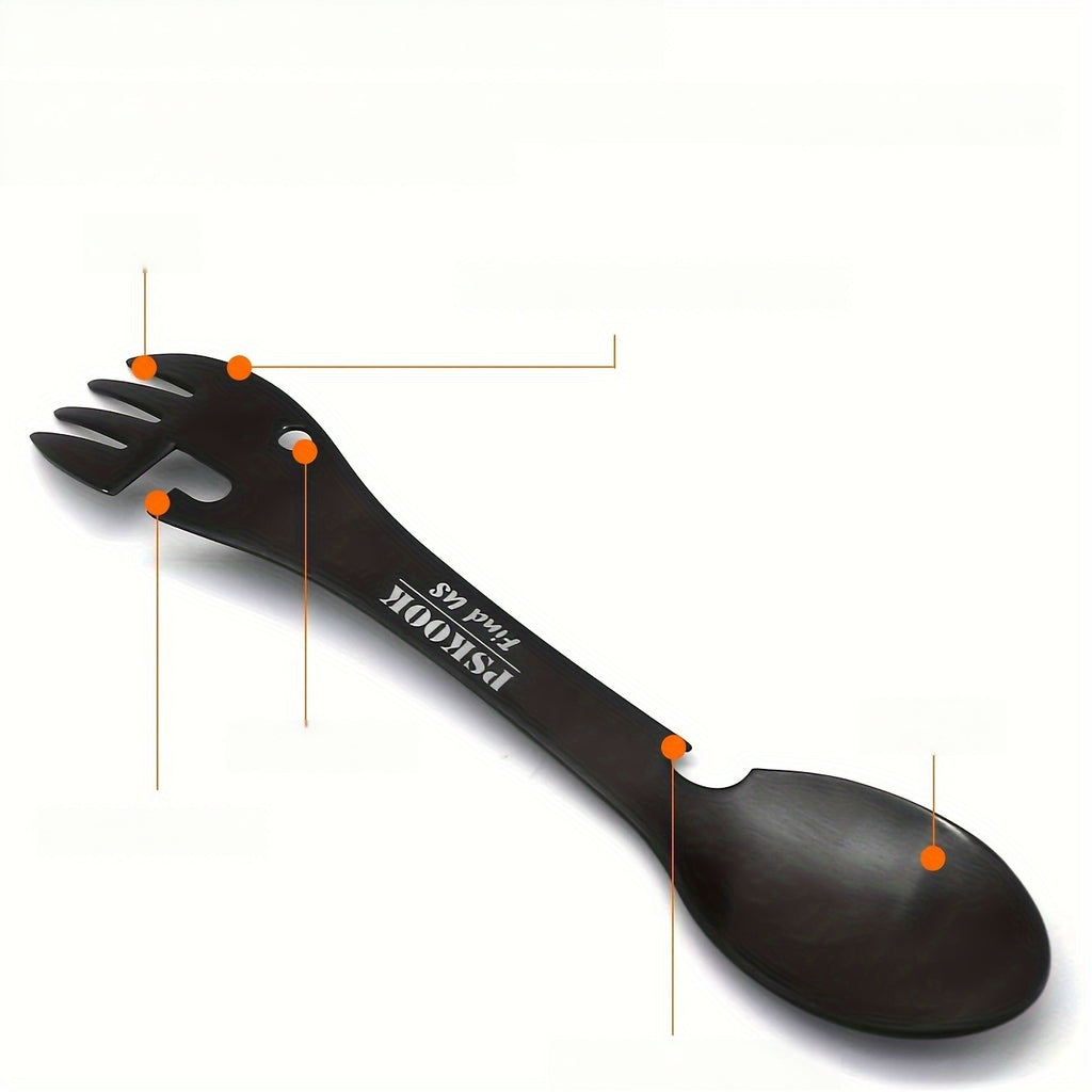 PSKOOK 2pcs Tactical Spork, 5-in-1 Stainless Steel Spoon, Fork & Knife Combo with Bottle Opener, Matte Black Finish, Outdoor Camping Utensil for Hiking & Backpacking, Camping Utensil