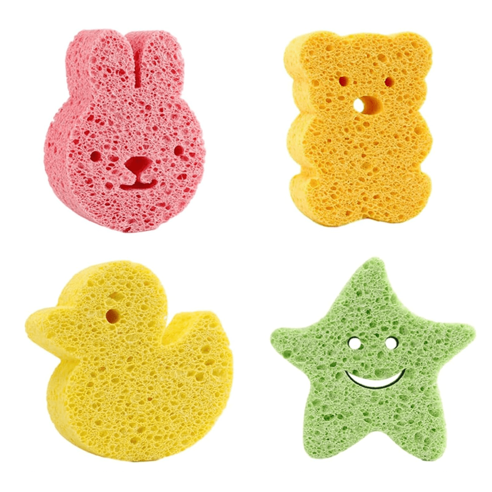 4pcs Adorable Cartoon Animal Bath Sponges - Éponge à langer douce et délicate pour exfolier le visage et le corps, avec des motifs d'ours, de lapin, d'étoile et de canard, accessoire de bain