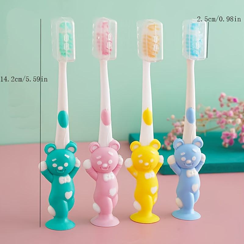 4 brosses à dents souples à tête petite - Motifs ours et lapin, soies fines, 4 couleurs macaron