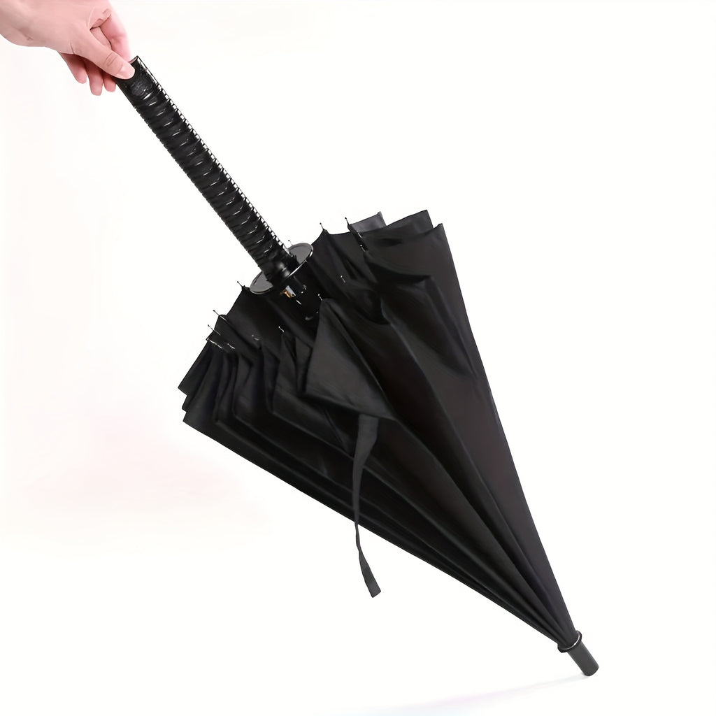 Parapluie à Manche Épée de Samouraï Créatif - Parapluie Pliant Coupe-Vent à 16 Nervures, Ouverture\u002FFermeture Semi-Automatique, Dôme Durable en 190T & Cadre en Fibre de Verre, Portable pour Voyage & Cadeau d'Anniversaire, Noir Élégant, Design Compact