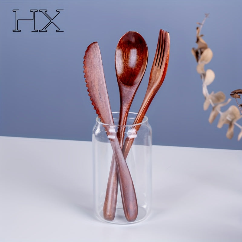 3\u002F9pcs High Quality Japanese Wooden Tableware Set - Handmade Natural Hardwood Spoon and Fork and Dinner Knife, Reusable Tableware, Used for Dieting, Cooking and Mixing - High Quality Kitchen Essentials Handmade Se