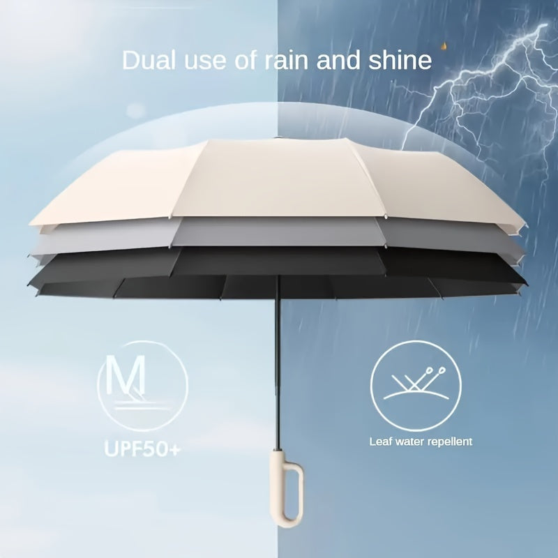Parapluie Pliable Automatique Étanche, Protection Solaire Renforcée à 8 Nervures avec Colle Noire, Forme Ronde, Tige en Fer, Polyvalent - Noir, Épais