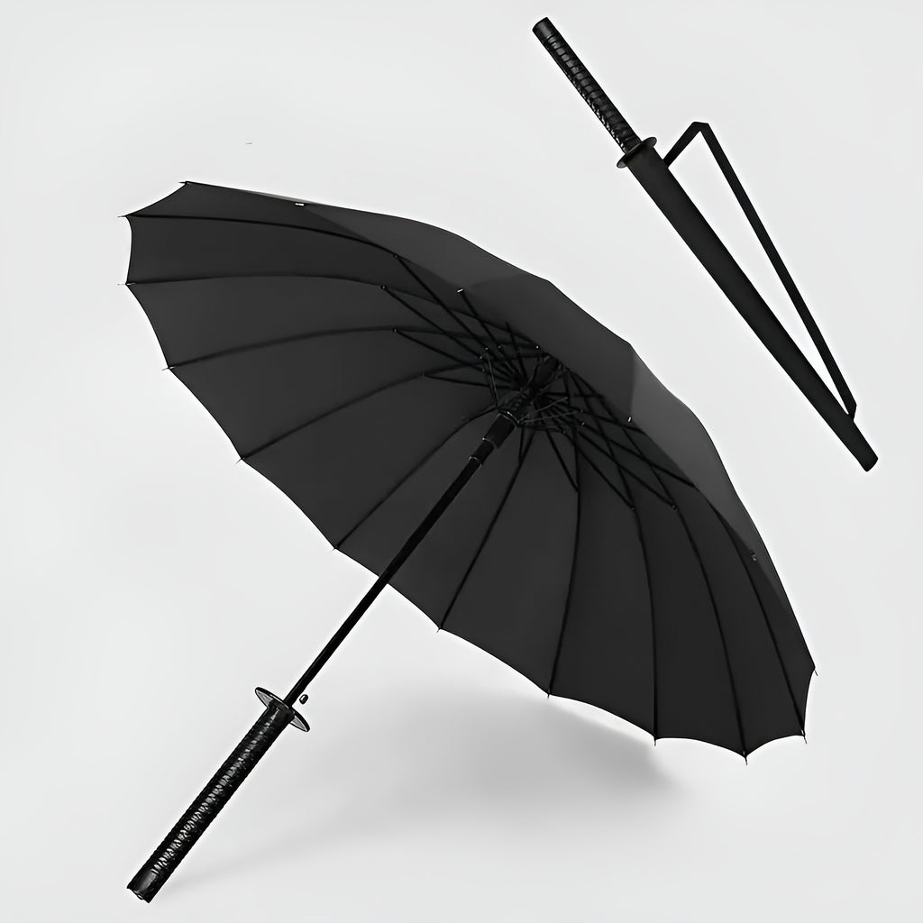 Parapluie à Manche Épée de Samouraï Créatif - Parapluie Pliant Coupe-Vent à 16 Nervures, Ouverture\u002FFermeture Semi-Automatique, Dôme Durable en 190T & Cadre en Fibre de Verre, Portable pour Voyage & Cadeau d'Anniversaire, Noir Élégant, Design Compact
