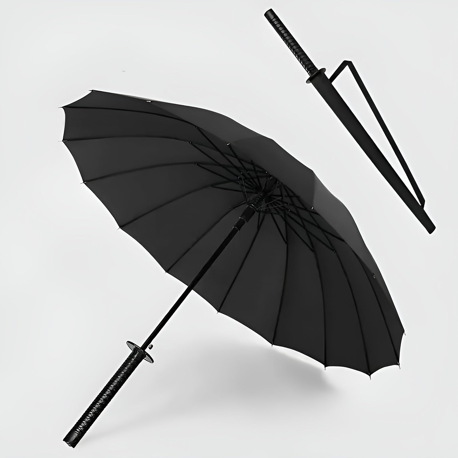 Parapluie à Manche Épée de Samouraï Créatif - Parapluie Pliant Coupe-Vent à 16 Nervures, Ouverture\u002FFermeture Semi-Automatique, Dôme Durable en 190T & Cadre en Fibre de Verre, Portable pour Voyage & Cadeau d'Anniversaire, Noir Élégant, Design Compact