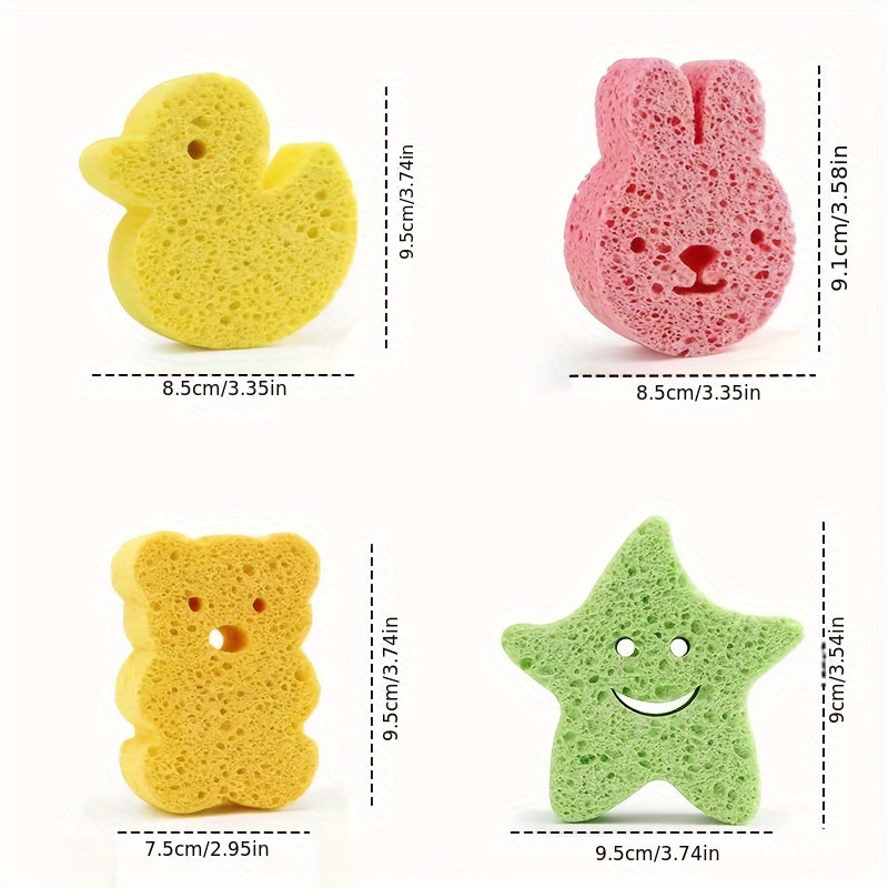 4pcs Adorable Cartoon Animal Bath Sponges - Éponge à langer douce et délicate pour exfolier le visage et le corps, avec des motifs d'ours, de lapin, d'étoile et de canard, accessoire de bain