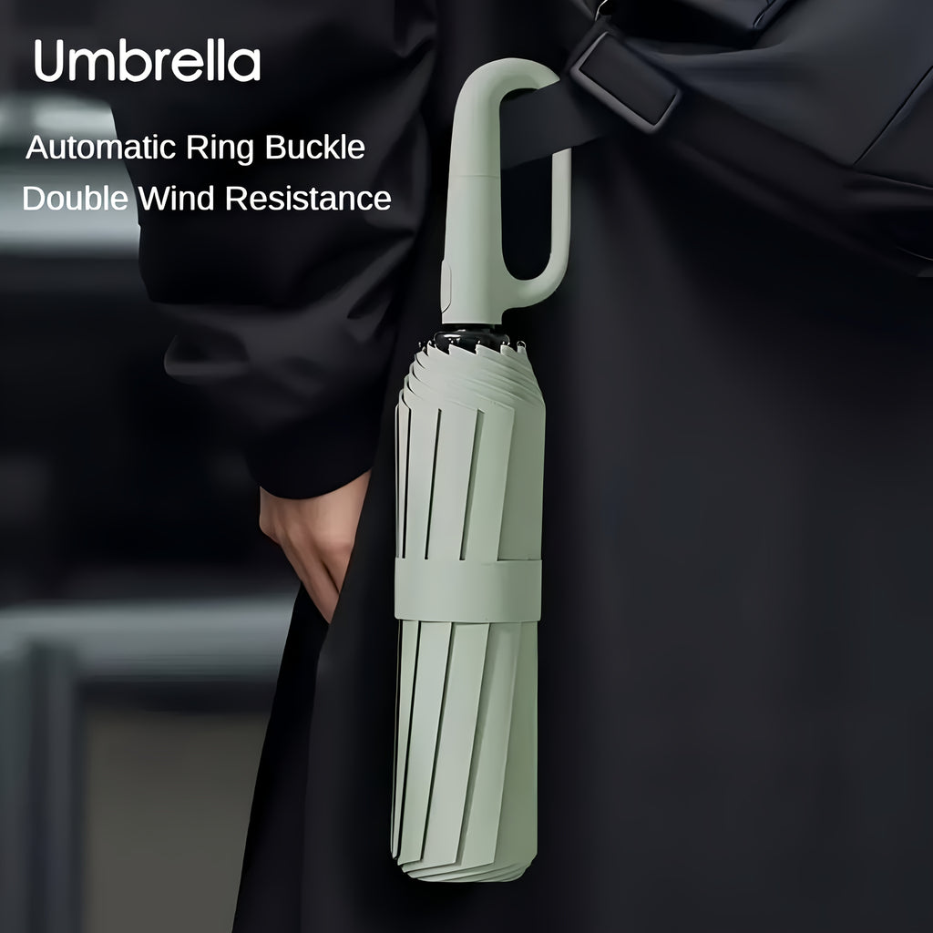 Parapluie Pliable Automatique Étanche, Protection Solaire Renforcée à 8 Nervures avec Colle Noire, Forme Ronde, Tige en Fer, Polyvalent - Noir, Épais