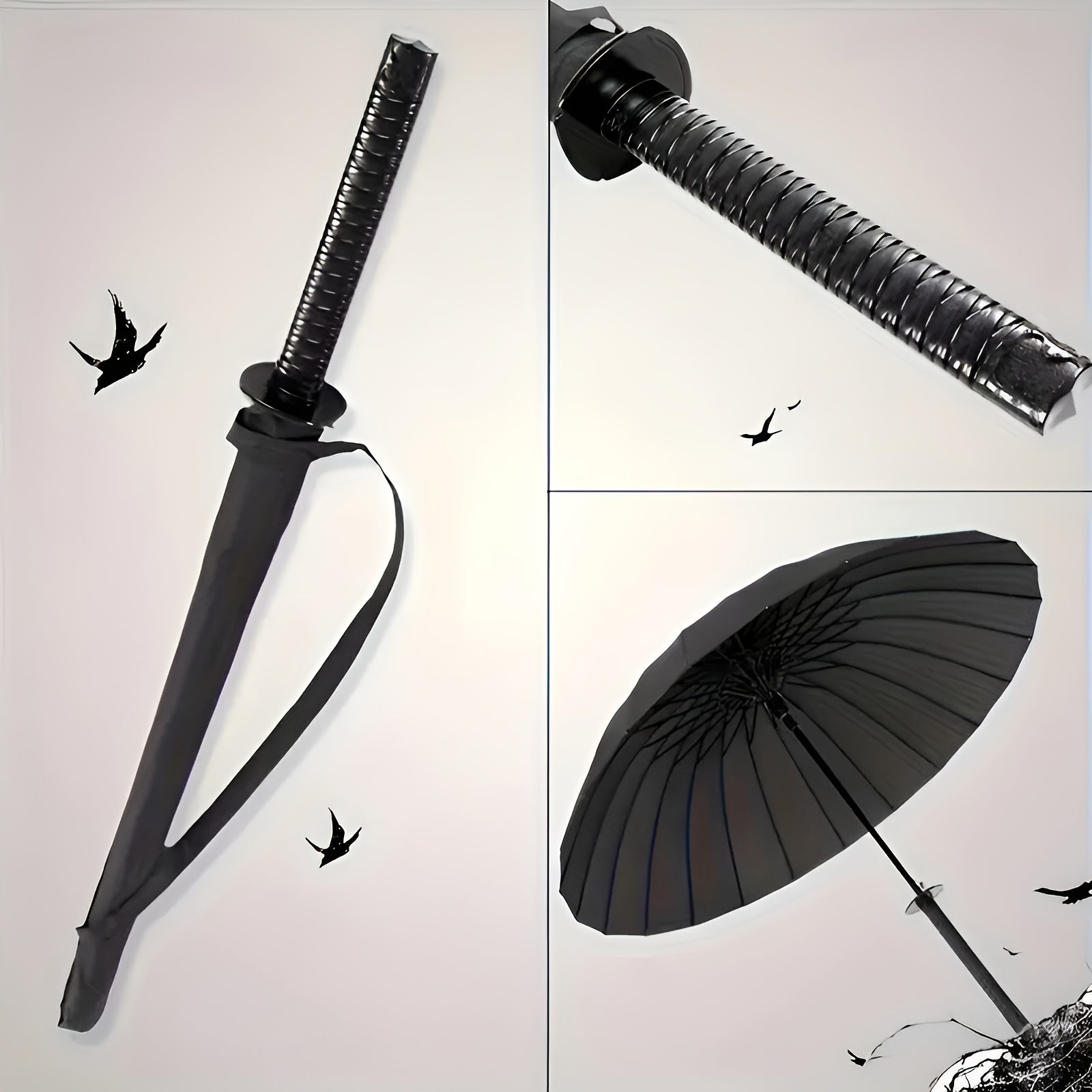 Parapluie à Manche Épée de Samouraï Créatif - Parapluie Pliant Coupe-Vent à 16 Nervures, Ouverture\u002FFermeture Semi-Automatique, Dôme Durable en 190T & Cadre en Fibre de Verre, Portable pour Voyage & Cadeau d'Anniversaire, Noir Élégant, Design Compact