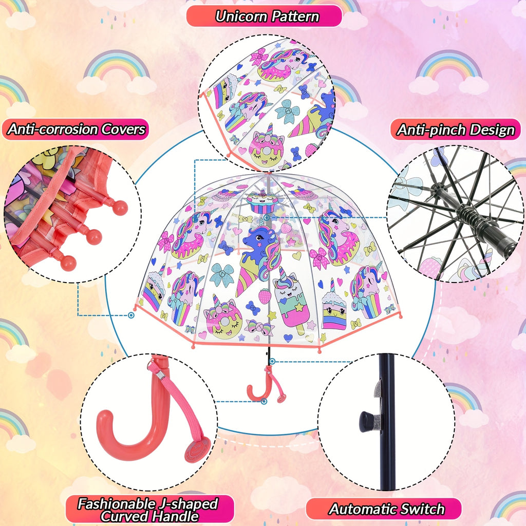 2pcs Parapluies à Bulles Licorne, Ouverture Automatique, 8 Barres, Manche en Fibre de Carbone & PE, Auvent en PVC Hydrofuge, Manche Courbé Facile à Tenir pour Garçons et Filles