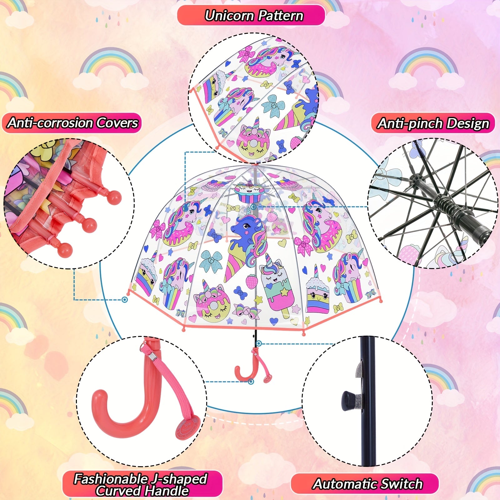 2pcs Parapluies à Bulles Licorne, Ouverture Automatique, 8 Barres, Manche en Fibre de Carbone & PE, Auvent en PVC Hydrofuge, Manche Courbé Facile à Tenir pour Garçons et Filles