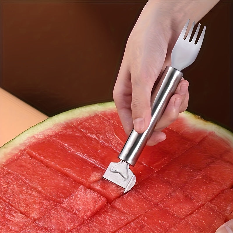 1pc two-in-one stainless steel watermelon slicer and fork | Multi-functional kitchen tool, easy to cut and serve | Durable and rust-proof | Perfect for home and restaurant use, fruit service tool | Dual-function design | Durable kitchenware