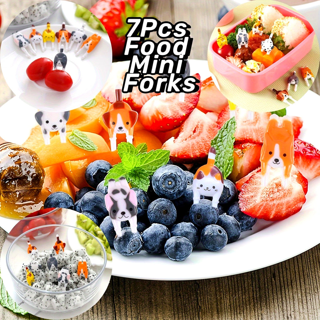 7pcs Cute Mini Animal Food Forks - Reusable Plastic Cat & Dog Designs for Snacks, Fruits, Bento Lunch Boxes - Perfect for Pet-Themed Parties, Birthdays, Pool Gatherings - No Batteries Required