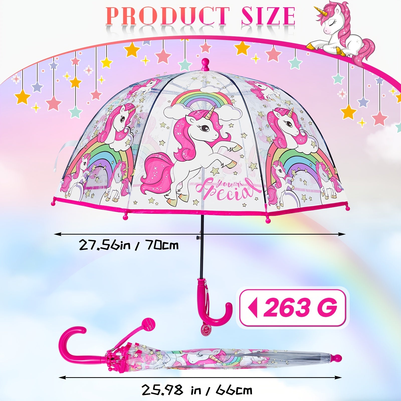 2pcs Parapluies à Bulles Licorne, Ouverture Automatique, 8 Barres, Manche en Fibre de Carbone & PE, Auvent en PVC Hydrofuge, Manche Courbé Facile à Tenir pour Garçons et Filles