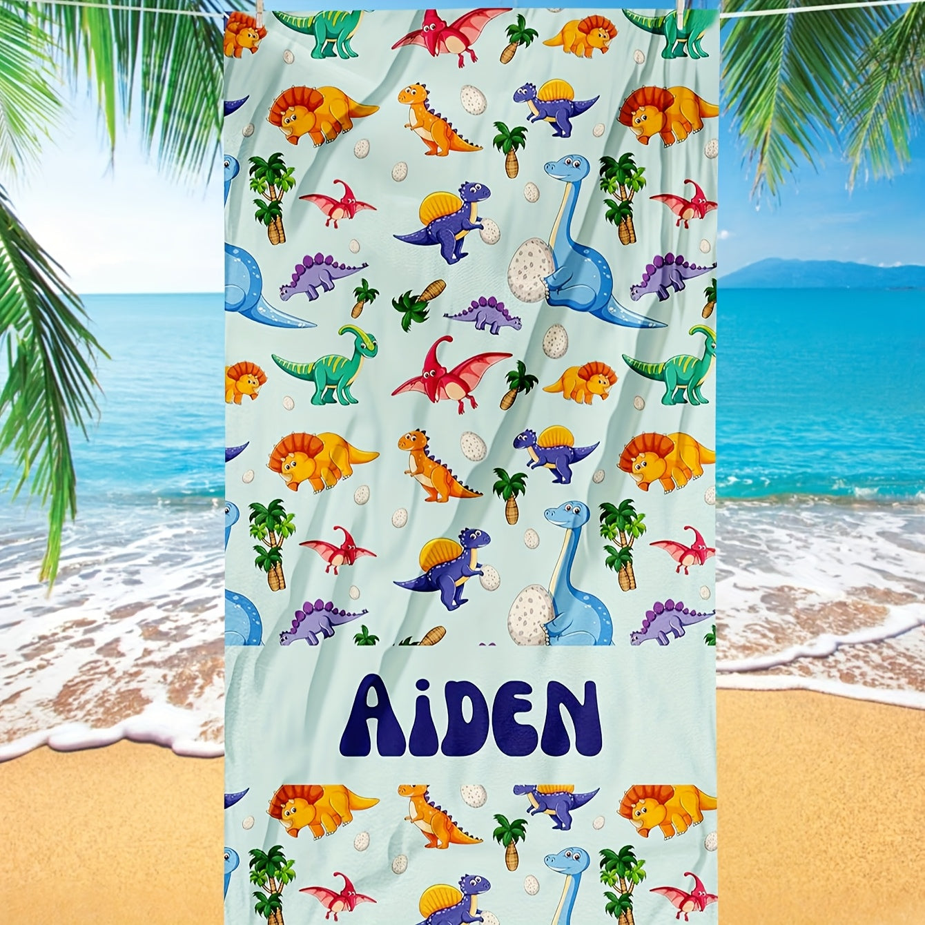 Personalized Dinosaur Beach Towel 51x71 Inches - Custom Text, Soft Microfiber, High Absorbency, Vibrant Dinosaur & Palm Tree Design, Large Bath & Beach Towel, Unique Gift for, Bath Towel | Custom Text Towel | Durable Beach Gear