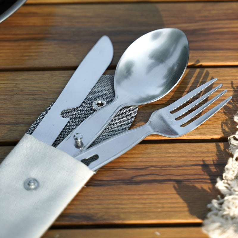 A Collection of Stainless Steel Utensils for Outdoor Use, Including a Knife, Fork, And Spoon - Convenient for Storage And Folding, Ideal for Camping Dining.