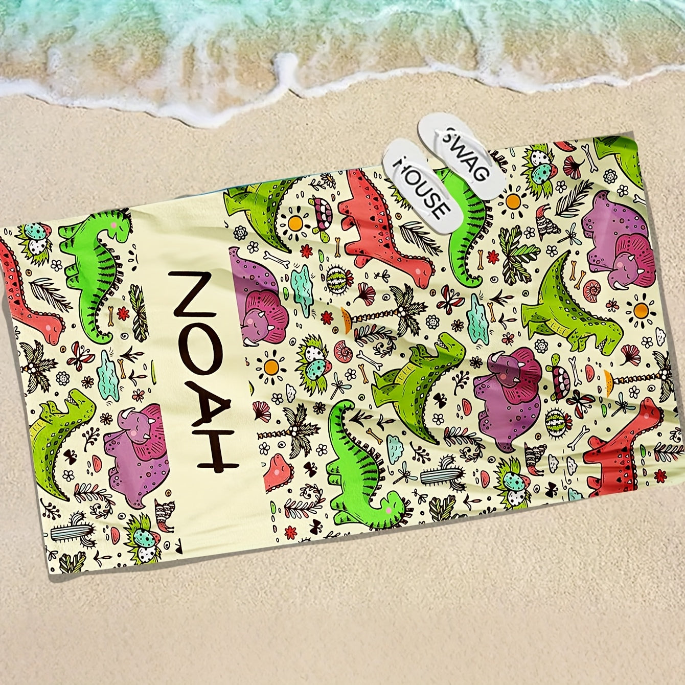 Personalized Dinosaur Beach Towel 51x71 Inches - Custom Text, Soft Microfiber, High Absorbency, Vibrant Dinosaur & Palm Tree Design, Large Bath & Beach Towel, Unique Gift for, Bath Towel | Custom Text Towel | Durable Beach Gear